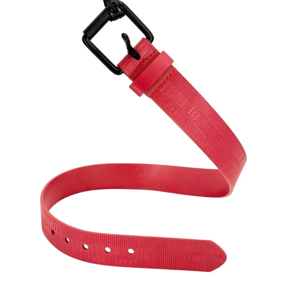 True Religion Mens Red Belt Textured Logo Roller Buckle Faux Leather Size 28 NWT